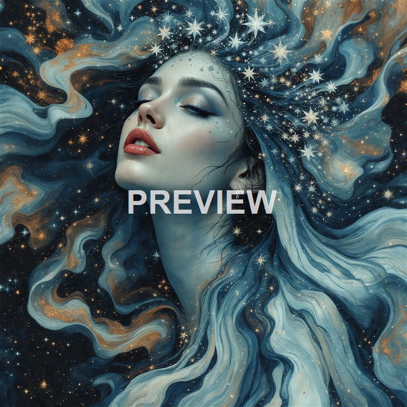 A woman with closed eyes and long flowing hair that resembles a galaxy, adorned with stars and cosmic patterns, creating a dreamy celestial aesthetic.